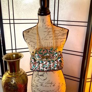 TURQUOISE & ROSE PINK SEQUIN EVENING HANDBAG